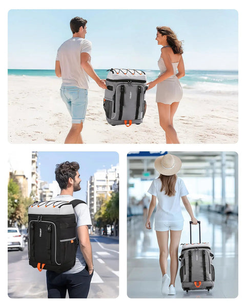 People outdoors using the Rolling Cooler Backpack For 50 Cans With Dual Deck And Dual Bar Handles Soft Travel Cooler Bag With Wheels 30L Black