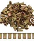 M6 Carbon Steel Rivet Nuts Kit With 100 Pieces Gold Finish Threaded Nutserts SAE Rivnut Inserts for metalworking and DIY projects, close-up view.