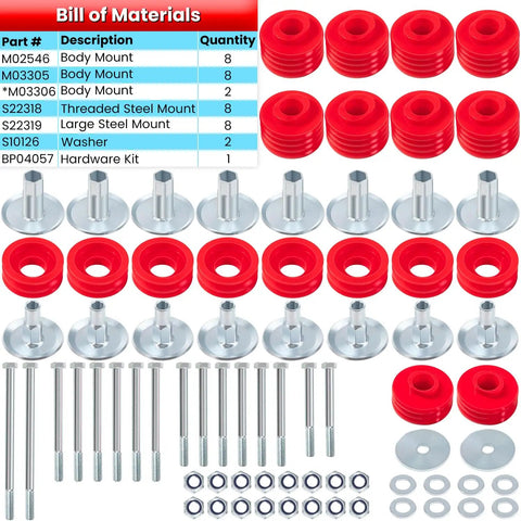 F Series Body Mount Bushing Kit With Polyurethane Cushions Steel Sleeves And Hardware For 1999 2007 Ford F250 F350 Super Duty 2WD 4WD XL XLT Lariat King Ranch Harley Edition Cab Mounts Direct Replacement with red bushings and steel sleeves