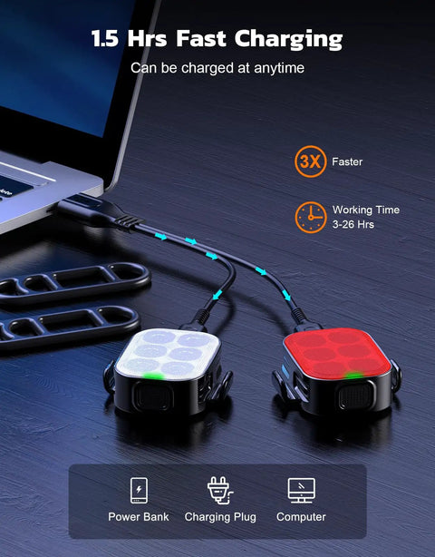Ultra Slim USB Rechargeable Bike Lights Front And Rear Set plugged into laptop for fast charging