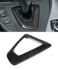 Close-up of BMW Carbon Fiber Style Interior Trim Sticker Kit installed on shift knob panel for 1-4 Series 2014-2018