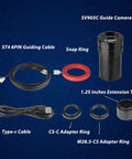 1.23MP Go To Auto Guiding Camera for Astrophotography with cables, snap ring, and adapter rings on starry background