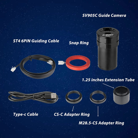 1.23MP Go To Auto Guiding Camera for Astrophotography with cables, snap ring, and adapter rings on starry background