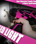 Pink Drill Set For Women 137 Piece Home Tool Kit With 12V Cordless Drill shown with LED light drilling wood