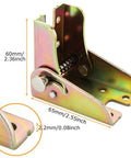 Badass Self Locking Folding Hinges, Slick 0-90 Degree Leg Support Brackets close-up showing dimensions and galvanized steel material.