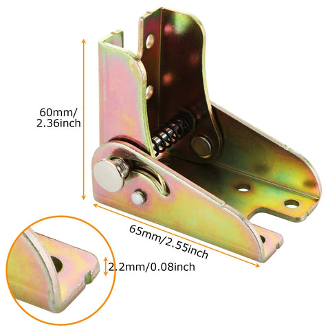Badass Self Locking Folding Hinges, Slick 0-90 Degree Leg Support Brackets close-up showing dimensions and galvanized steel material.