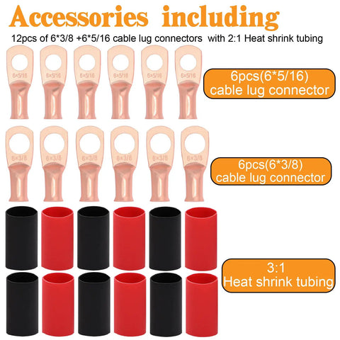 6 AWG Tinned Copper Battery Wire Kit With 13.1 Ft Red And Black Power Cables UL1015 CSA Approved Includes Two 6.5 Ft Cables, Six Three-Eighths Inch Lugs, Six Five-Sixteenths Inch Lugs, Heat Shrink Tubing, OFC Welding Cable For Inverters And Boats. accessory kit with 6x3/8, 6x5/16 lugs and red black heat shrink tubing