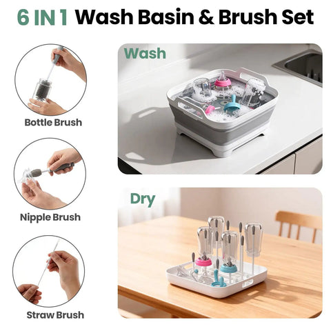 Collapsible Baby Bottle Wash Basin With Built In Drying Rack And Lid Portable 2.4 Gallon Dish Tub With Brushes on Countertop