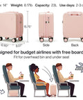 Pink lightweight underseat carry-on luggage with dimensions, showcasing storage under airplane seat for budget-friendly boarding.