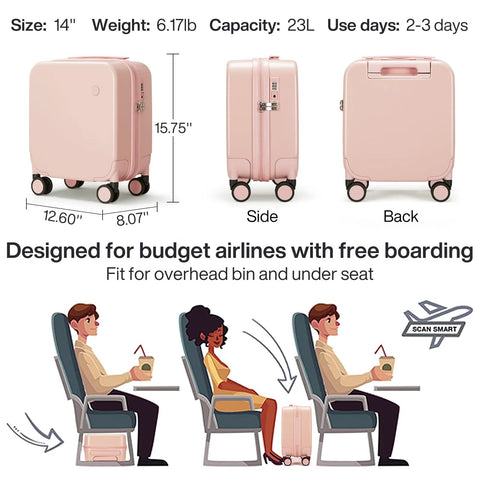 Pink lightweight underseat carry-on luggage with dimensions, showcasing storage under airplane seat for budget-friendly boarding.
