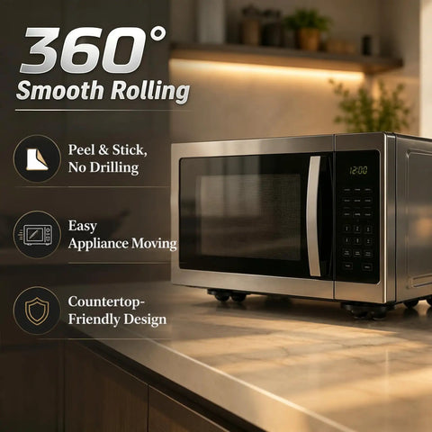 Zero Grunt Work Appliance Sliders With 8 Heavy Duty Self Adhesive Casters And 16 Extra Pads For Super Smooth 360 Degree Swivel Movement Of Coffee Makers on countertop under microwave.
