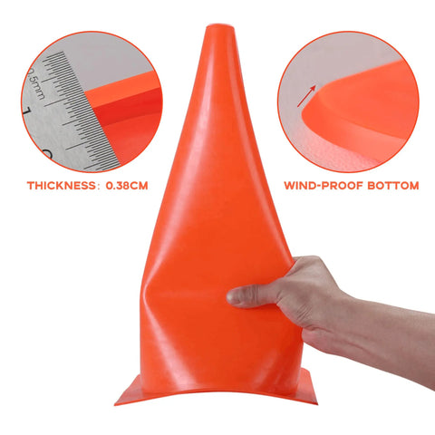 15 Inch Orange Traffic Safety Cones 7 Pack High Visibility Pro Grade Durable Plastic, showing flexibility and thickness detail