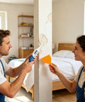 Man and woman applying DIY Wall Repair Paste Quick Dry Putty For Holes Cracks And Dents On Drywall Tile Concrete Shower And Bathroom Surfaces
