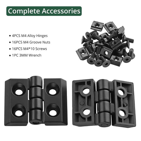 4 Piece Zinc Alloy Hinge For M4 2020 Aluminum Profile Extrusion With 180 Degree Adjustable Swing Includes 16 M4 Groove Nuts 16 M4x10 Screws And 3mm Wrench All In One Hardware Kit For Quick DIY Install, black hinge set and hardware
