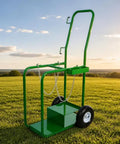 Heavy Duty Welding Gas Cylinder Cart For Dual Oxygen And Acetylene Tanks 440 Lb Capacity Hand Truck With Pneumatic Wheels Removable Compact Gas Tank Transport Cart For Workshop Or Garage, green steel frame with chain and wheels