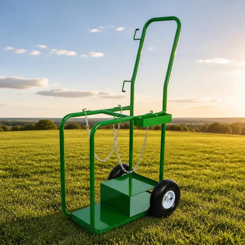 Heavy Duty Welding Gas Cylinder Cart For Dual Oxygen And Acetylene Tanks 440 Lb Capacity Hand Truck With Pneumatic Wheels Removable Compact Gas Tank Transport Cart For Workshop Or Garage, green steel frame with chain and wheels