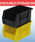 Black and yellow stackable storage bins showcasing design and durability with open front for easy access to contents.