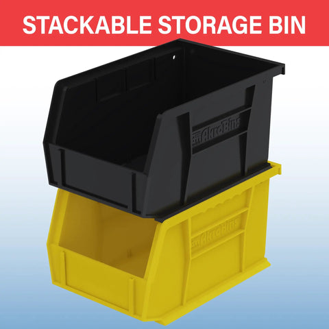 Space Saving Stackable Storage Bins for Garage Pantry and Craft Room Tough As Nails Heavy Duty Plastic Organizer Bins 9x6x5 Inches Black 12 Pack Great for Snacks Tools Toys and Everyday Organization stacked on yellow bin