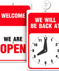 Be Right Back Sign With Clock For Office And Storefront Doors Red And White With Suction Cup Be Back Soon Signage