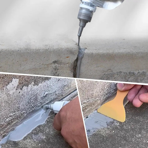 Applying 500g Concrete Crack Filler Waterproof Self Leveling Sealant to gaps in concrete surface with applicator and scraper.