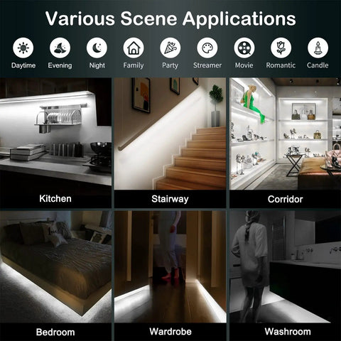 Various applications of Motion Sensor Under Cabinet Lights Plug In LED Strip Lights Indoor for kitchen, stairway, corridor, bedroom.