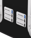 Close-up of control buttons on 4 Slice Toaster With Dual Control, Bagel, Reheat And Defrost Settings, 850 Watt Black And Silver Finish