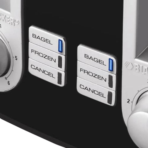 Close-up of control buttons on 4 Slice Toaster With Dual Control, Bagel, Reheat And Defrost Settings, 850 Watt Black And Silver Finish