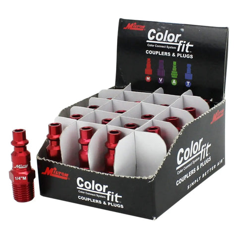 Display box of Red M-Style Pneumatic Plugs 1/4 Inch NPT Male, Color-Coded Quick Connect Set, 20 Pack, showing 10 red plugs.