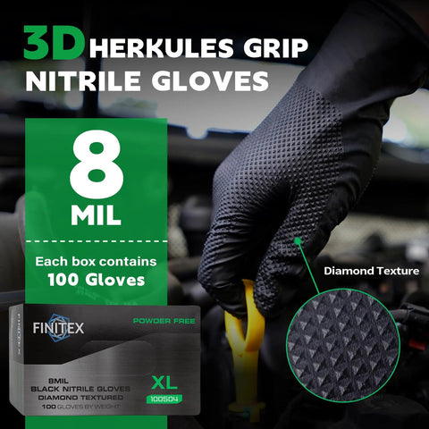 Front view: FINITEX black 8mil nitrile gloves with diamond texture on a gloved hand; 100-count box.