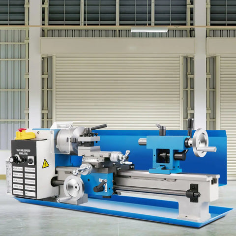 Dead Nuts Accurate Mini Metal Lathe 7 X 14 Inch Benchtop Machine with side controls and 3 jaw chuck in workshop setting.