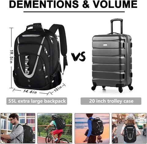 Go To Extra Large Laptop Backpack 55L 60L For Travel And Gaming compared to 20-inch trolley case, shown in city and travel settings.