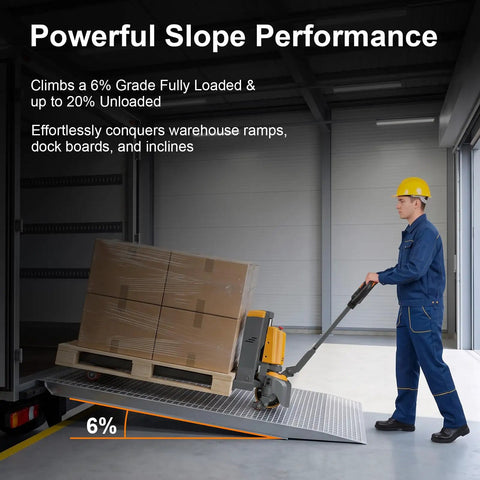ApolloLift Heavy Duty Electric Pallet Jack 4400 Lb Capacity with 48 X 27 Forks navigating a 6% grade ramp with pallets.