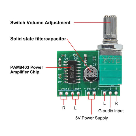 Handy 5V Dual Channel Stereo Amplifier Module With Potentiometer showing chip components and audio input connections.