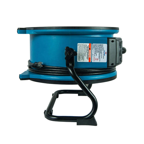 Real Heavy Lifter One Third Hp Sealed Motor Axial Air Mover Fan With Snappy Variable Speed Switch And Three Hour Timer Blue side view with handle.
