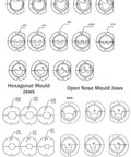 Dot press, hexagonal, and open nose mould jaws for pneumatic wire crimping tool, various sizes for versatile applications.