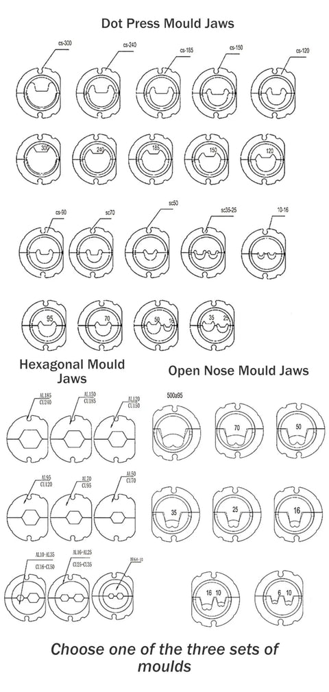 Dot press, hexagonal, and open nose mould jaws for pneumatic wire crimping tool, various sizes for versatile applications.