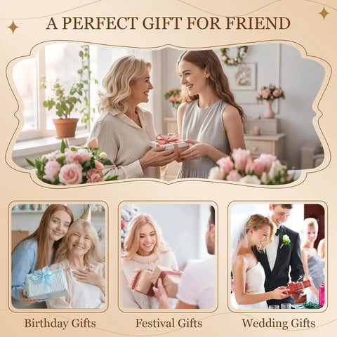 Collage of different gift-giving occasions including friends exchanging presents, birthdays, festivals, and weddings.