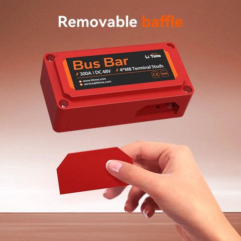 Premium Copper Bus Bar Power Distribution Block 300 Amp 4 M8 Studs 48V DC Max Red shown with removable baffle.