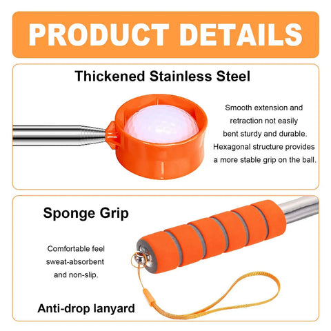 Telescopic Golf Ball Retriever Nine Foot With Double Sided Pickup Head For Water And Land Lightweight Stainless Steel Ball Grabber Tool Must Have Golf Accessory Gift showing thickened stainless steel and sponge grip details.