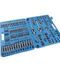 HUIOP Premium 110 Pc Metric Tap And Die Set Wrenches For Steel Hand Threading Kit With Taps Dies Torque Tools Repair Nuts Bolts Gear Fixing, blue case open