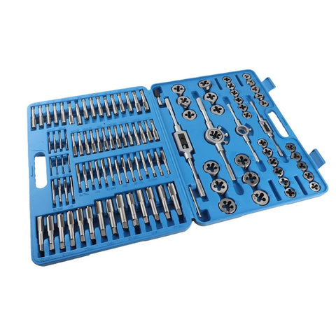 HUIOP Premium 110 Pc Metric Tap And Die Set Wrenches For Steel Hand Threading Kit With Taps Dies Torque Tools Repair Nuts Bolts Gear Fixing, blue case open