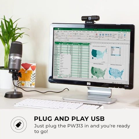 Top Tier 1080P Usb Webcam With Slick Privacy Shutter Dual Onboard Mics For Live Streaming Video Calls Gaming And Remote Hustle Quick Plug And Play Ready Setup on a monitor with spreadsheet display.