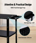 Super Heavy Duty Steel Welding Table 36 By 24 Inches Rock Solid Metal Fabrication Bench with tool storage tray and hole details.