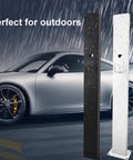 Heavy Duty EV Charger Holder Box Waterproof Outdoor Steel Cord Organizer Rack Stand Black in rain near car.