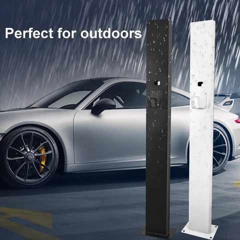 Heavy Duty EV Charger Holder Box Waterproof Outdoor Steel Cord Organizer Rack Stand Black in rain near car.