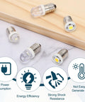 Hella Solid E10 Screw Base LED Bulbs, 5 Pack Mini White Glow Indicators For Flashlights And Car Dashboards, DC 8 To 9 Volt Power, Totally Knockout Small Size on wood background.