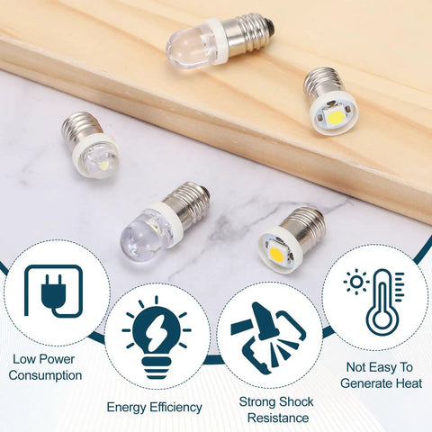 6 Piece E10 Mini LED Bulbs DC 4.5 To 5 Volts At 0.2 Watts showing a set of slim white bulbs on wooden surface, perfect for DIY projects.