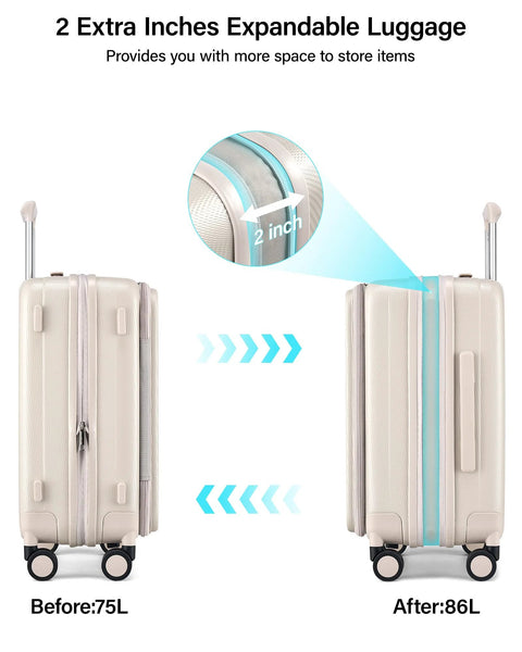 Ivory white 24-inch expandable hard-shell luggage with wheels; expands from 75L to 86L.