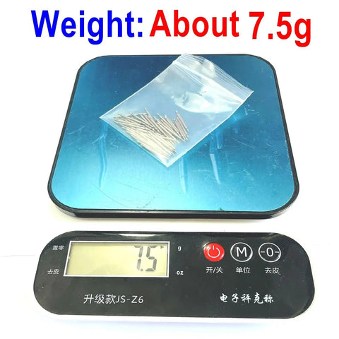 50Pcs 18mm Watch Spring Bars Replacement Kit With 1.5mm Diameter Stainless Steel Pins on digital scale showing 7.5g weight