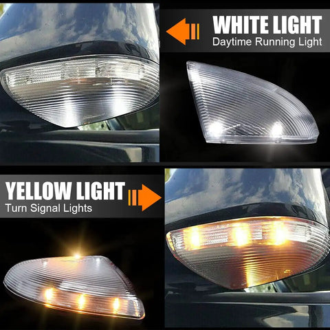 Dodge Ram 1500 Front Mirror Turn Signal Puddle Light Left Driver Side LED Lamp Assembly Replacement 68064949AA white and amber LED lights